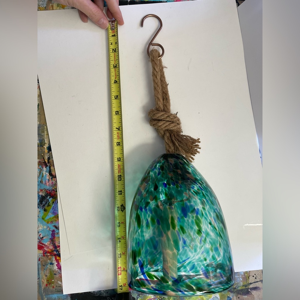 Handcrafted Handblown Glass Wind Chime with Rope and Hook Blue Green Goldtone - Picture 2 of 4